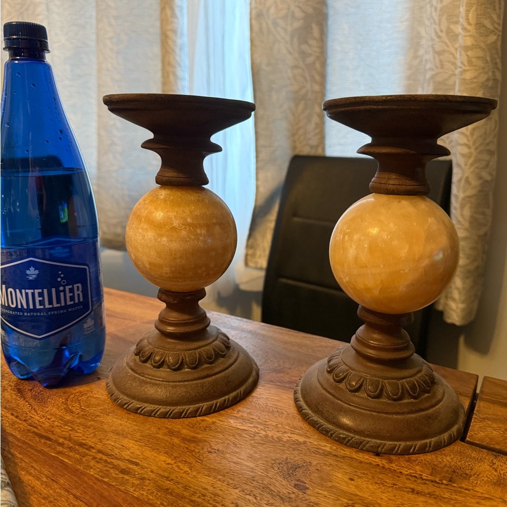 Elegant Brown and Cream Quartz Candle Holders